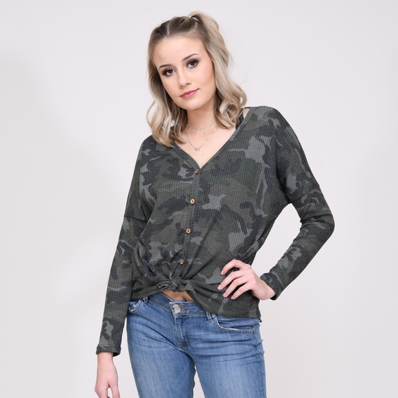 7th Ray Tops - LAST PIECE! BiBi Camo Tie front long sleeve top